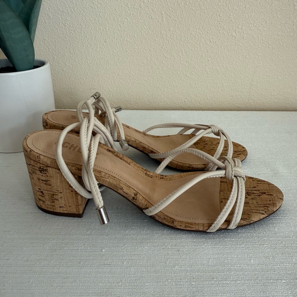 New Schutz Cream Wrap Strap Cork Block Heel Sandals